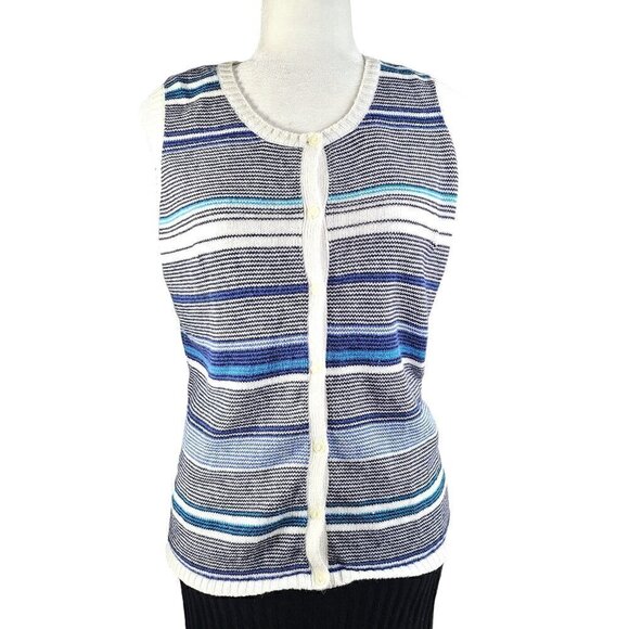 Vintage RUSS by Liz Claiborne Blue White Striped Knit Button Front Top - Picture 1 of 5